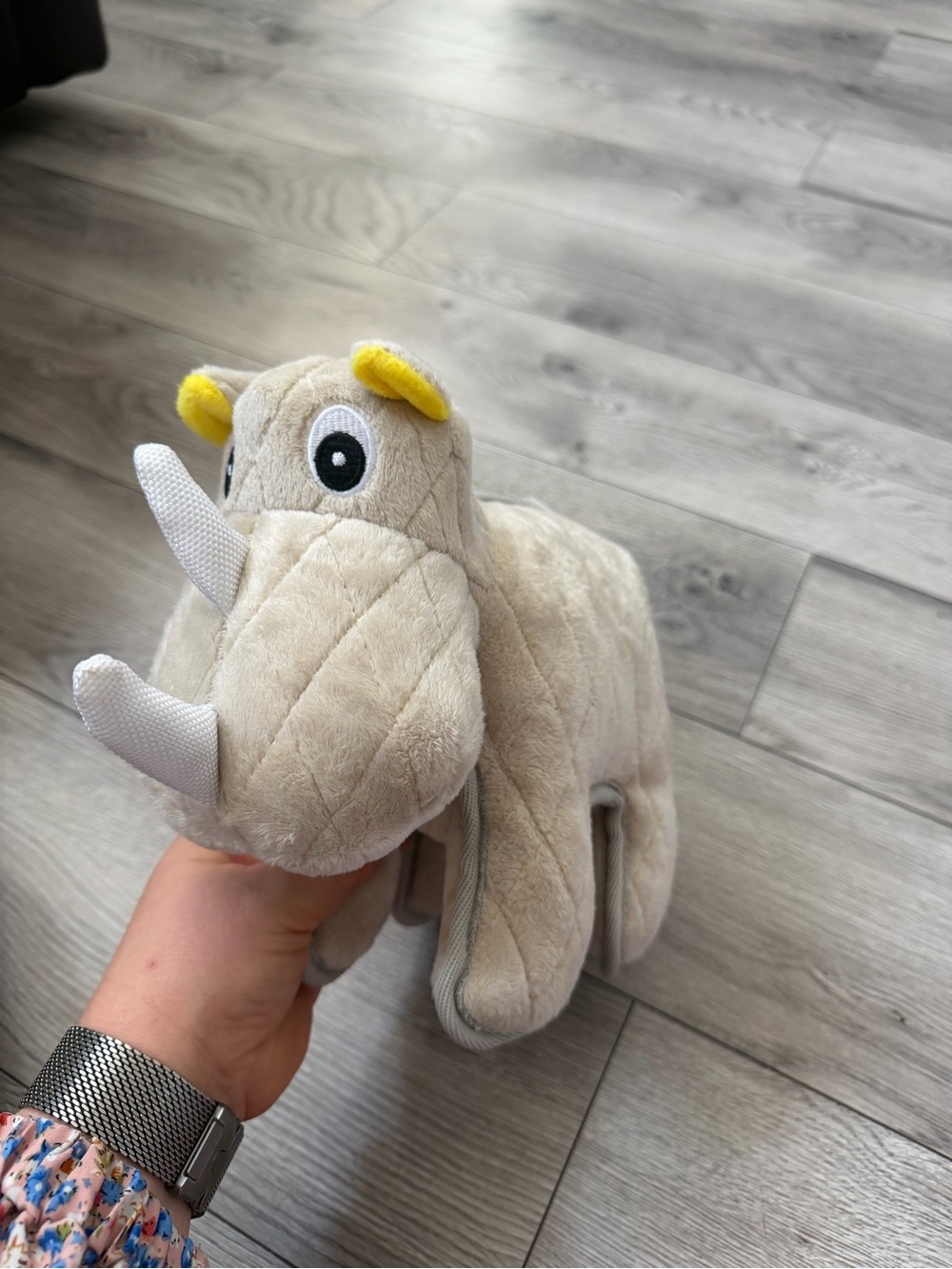 ZEUS Squeaky Rhino Dog Toy Quilted Plush Beige Yellow Accents - Picture 2 of 6